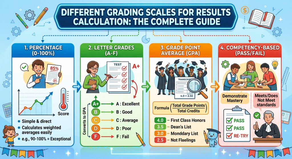 Comparison chart of different grading scales including percentage, letter grades, GPA, and international systems for academic results calculation