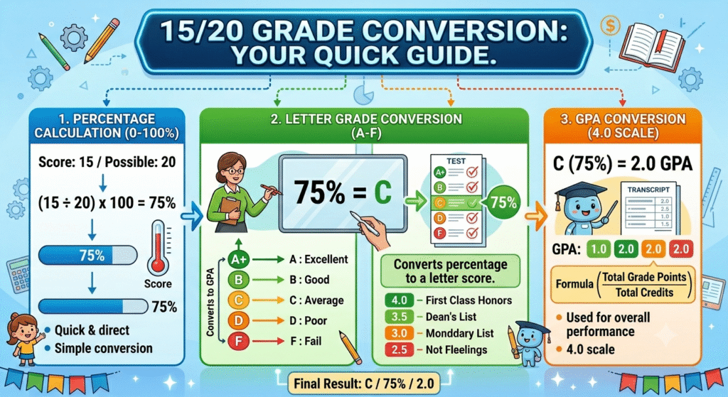 Chart showing 15 out of 20 equals 75 percent, C letter grade, and 2.0 GPA across U.S. and international grading systems