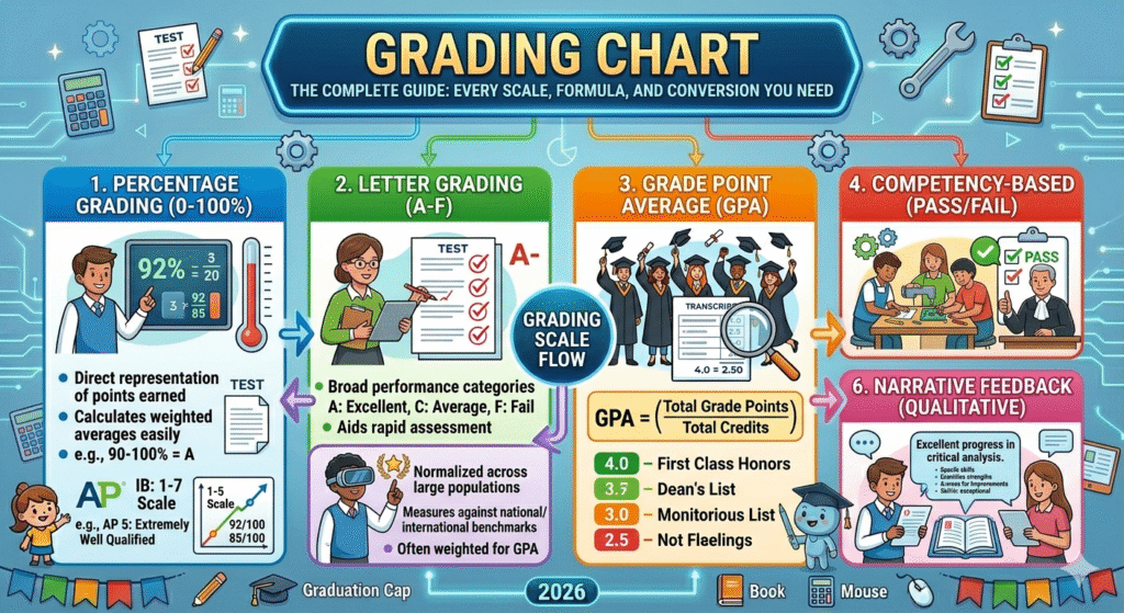 Grading chart showing percentage ranges, letter grades from A to F, and GPA point values on a 4.0 scale
