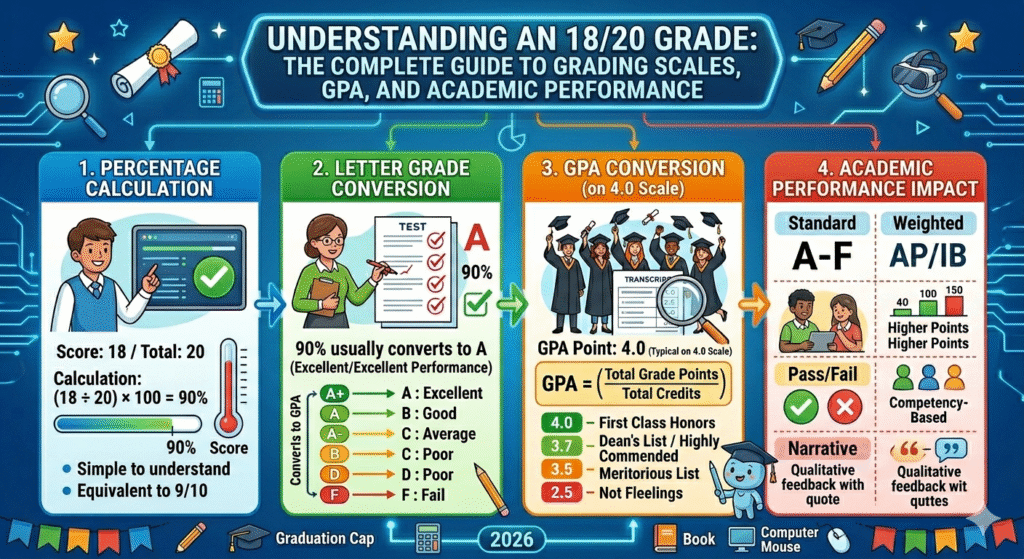 Infographic showing 18 out of 20 grade converted to 90 percent, letter grade A, and 3.7 GPA on a grading scale chart
