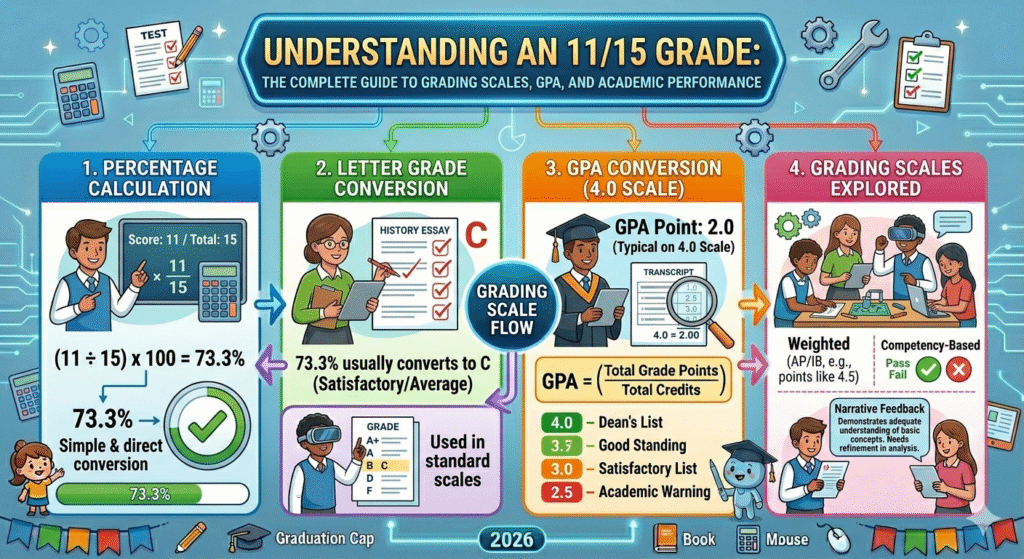 11/15 grade percentage conversion chart showing 73.33% equals a C letter grade on the standard grading scale