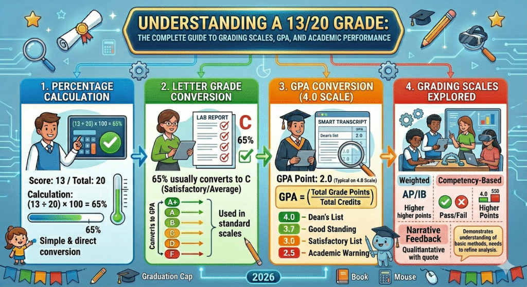 13/20 grade conversion chart showing 65 percent, D letter grade, and 1.0 GPA on a grading scale table