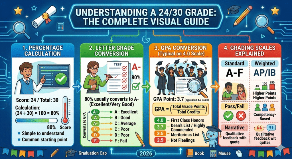 24/30 grade conversion chart showing 80 percent equals B letter grade and 2.7 to 3.0 GPA on standard U.S. grading scale