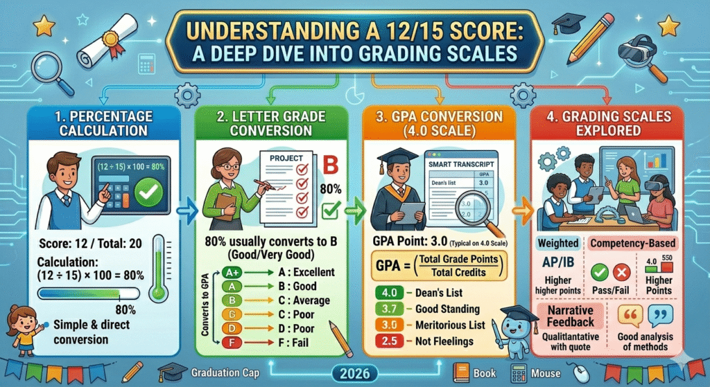 Grading chart showing 12 out of 15 equals 80 percent, B minus letter grade, and 2.7 GPA on the 4.0 scale