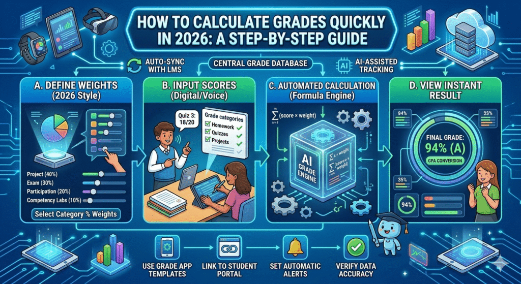 Student calculating grades quickly using a grading scale chart and GPA formula in 2026