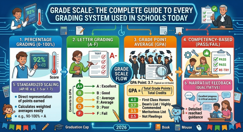 Grade scale chart showing percentage ranges, letter grades, and GPA values for U.S. and international grading systems