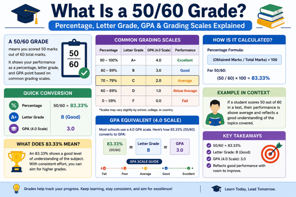 83.33% equals B letter grade and 3.0 GPA, with grading scale table and calculation formula.