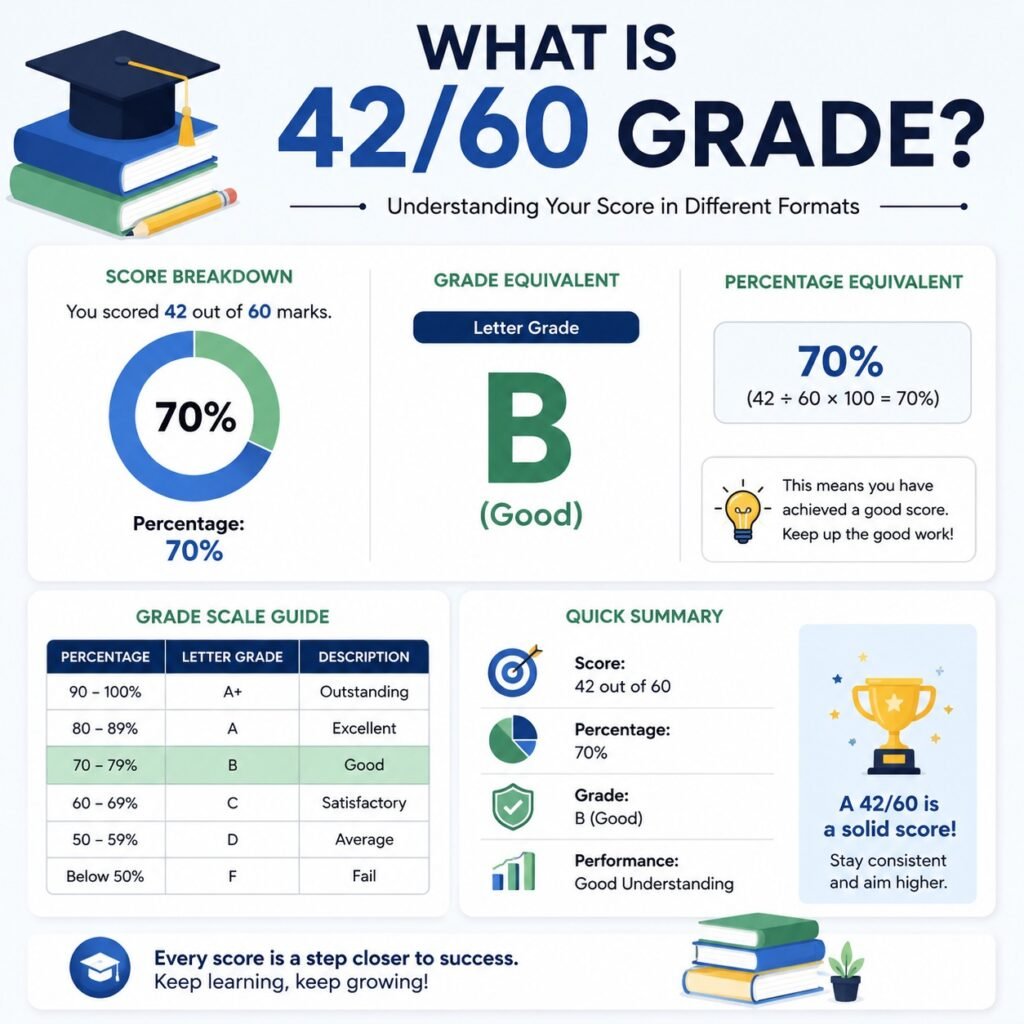 Grading scale conversion breakdown for a 42 out of 60 exam score.