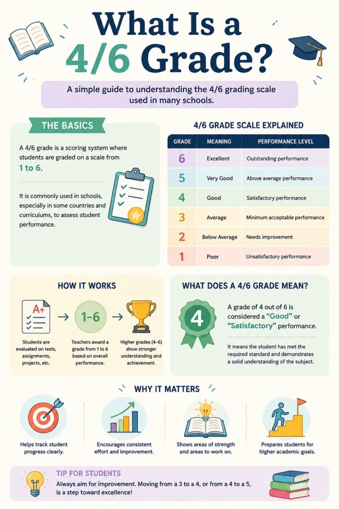 Educational infographic explaining what a 4/6 grade means, including the 66.7% percentage, visual score example, grade scale, and tips for improvement.