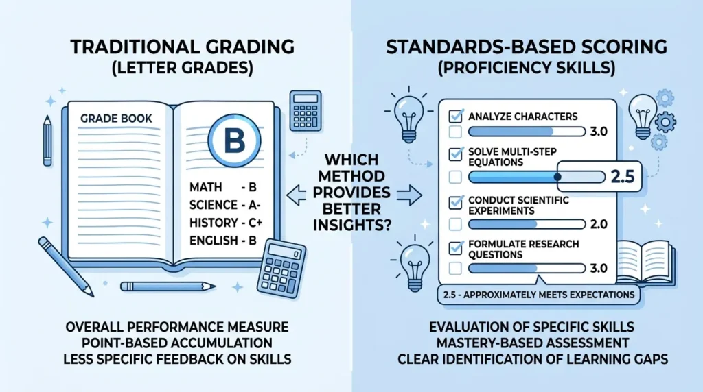 Student reviewing a standards-based grading rubric with a 2.5 performance score