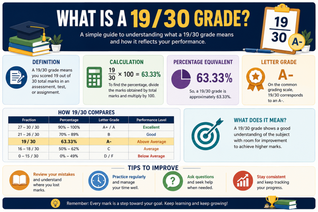 19/30 grade showing 63.33 percent, D letter grade, and GPA score