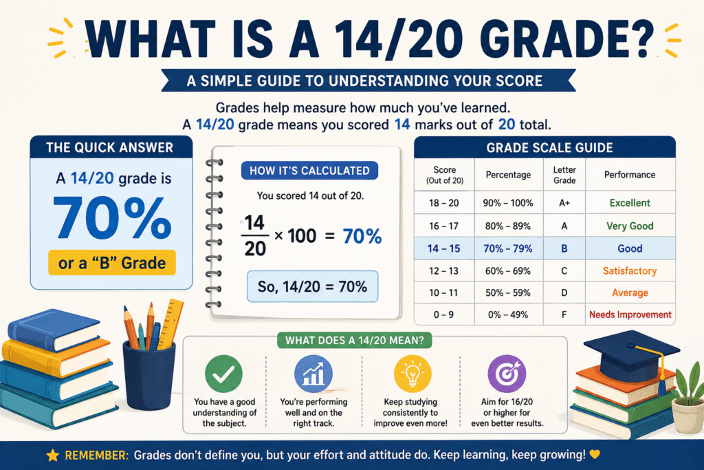SEO alt text: 14/20 grade percentage, letter grade, and GPA conversion