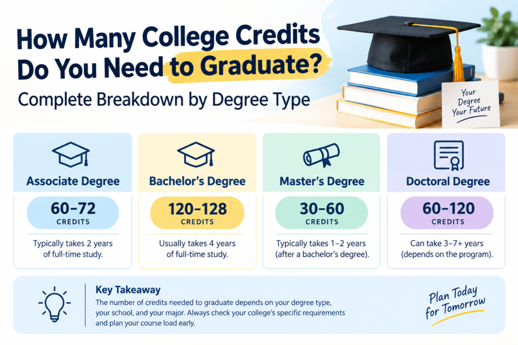 How many college credits are needed to graduate, showing typical credit requirements for associate, bachelor’s, master’s, and doctoral degrees.