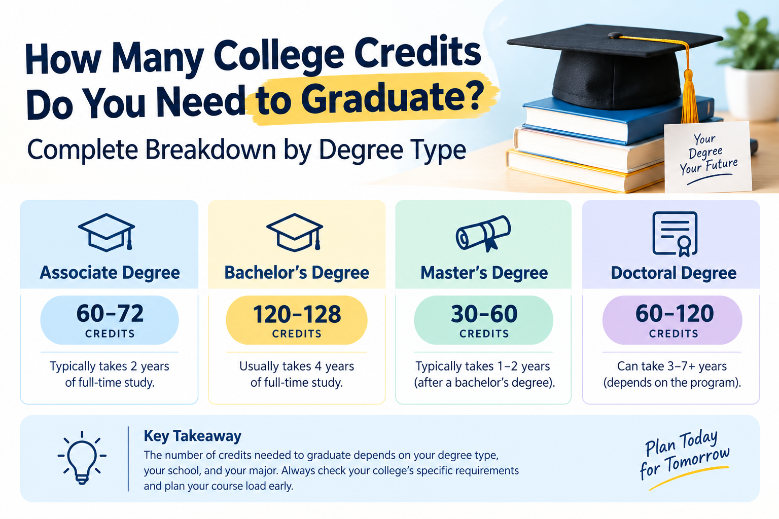 How many college credits are needed to graduate, showing typical credit requirements for associate, bachelor’s, master’s, and doctoral degrees.