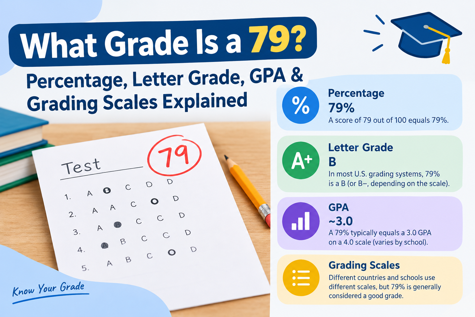 What Grade Is a 79? Infographic showing 79%, letter grade B, approximately 3.0 GPA, and grading scales explained.