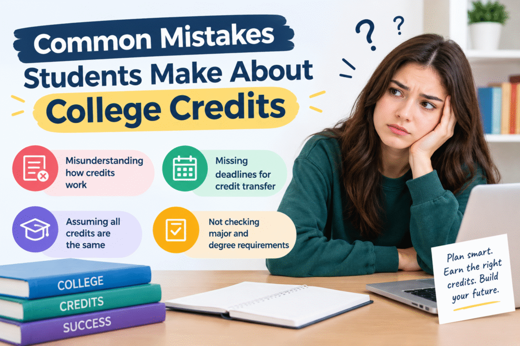 Common mistakes students make about college credits, including misunderstanding credit requirements, missing transfer deadlines, assuming all credits are equal, and overlooking degree requirements.