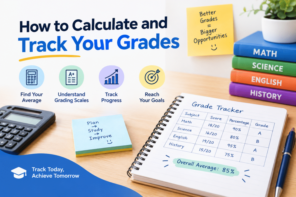 How to calculate and track your grades using averages, grading scales, progress tracking, and a grade tracker notebook.