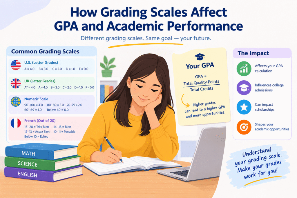 How grading scales affect GPA and academic performance, showing common U.S., UK, numeric, and French grading scales, GPA calculation, and impacts on college admissions, scholarships, and academic opportunities.