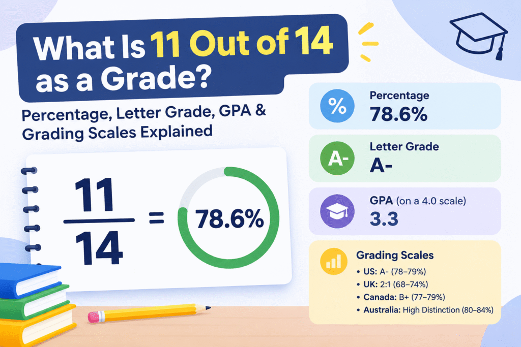 Infographic explaining that 11 out of 14 equals 78.57%, approximately 79%, with a typical B+ letter grade and about 3.3 GPA, plus grading scale comparisons and study tips.