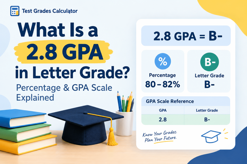 What Is a 2.8 GPA in Letter Grade? Percentage and GPA scale explained, showing 2.8 GPA as a B- grade and 80–82% percentage range.