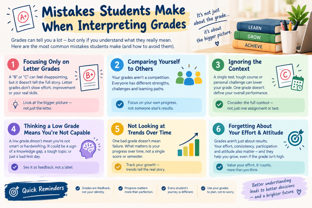 Educational infographic titled “Mistakes Students Make When Interpreting Grades,” highlighting six common mistakes, including focusing only on letter grades, comparing yourself to others, ignoring context, judging ability by low grades, overlooking grade trends, and forgetting effort and attitude.