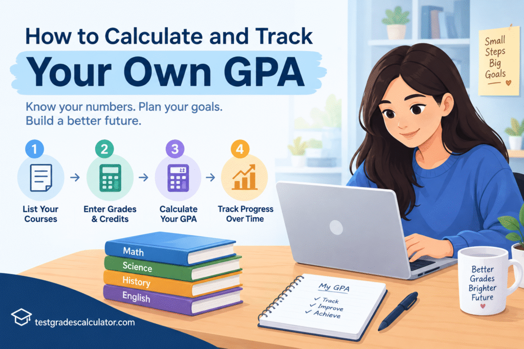 How to calculate and track your own GPA using course grades and credits, with a student using a laptop and a four-step GPA tracking process.