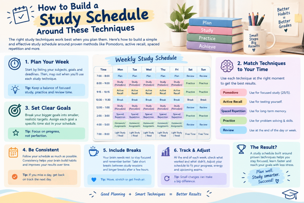 Study planner showing a structured schedule built around effective study techniques, revision blocks, and timed breaks.