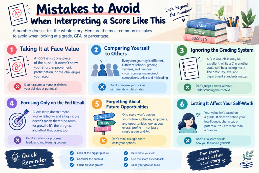 Educational infographic showing six common mistakes when interpreting grades, including taking scores at face value, comparing yourself with others, ignoring grading systems, focusing only on results, overlooking future opportunities, and tying grades to self-worth.