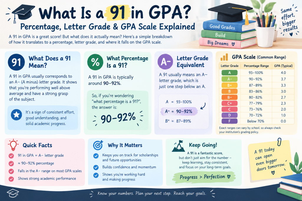 Educational infographic explaining what a 91 means in GPA, including its typical 90–92% percentage range, A− letter grade, 3.7 GPA equivalent, common GPA scale, quick facts, and academic performance tips.