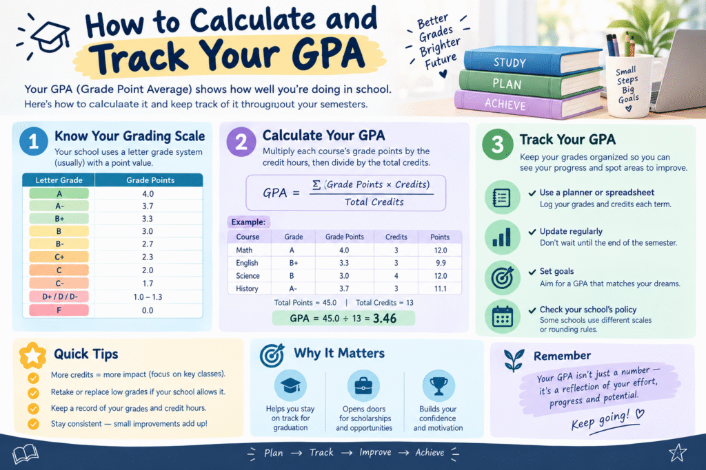 Educational infographic explaining how to calculate and track GPA, including the grading scale, GPA formula, worked example, tracking tips, and ways GPA can support academic progress and opportunities.