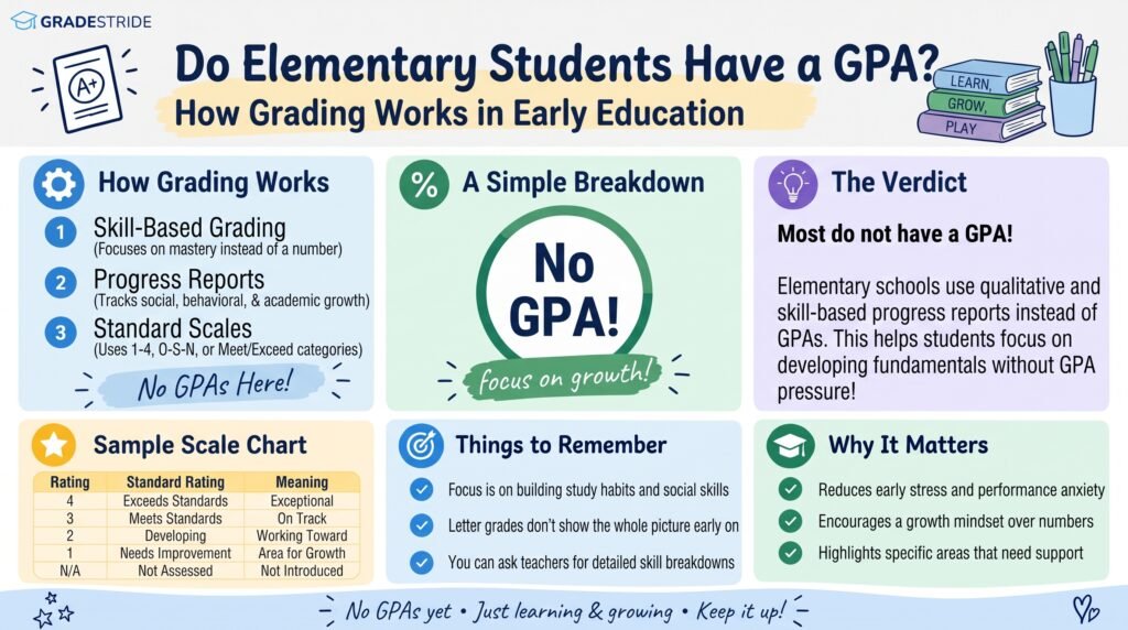Elementary school grading system explaining A, B, C, D, and F grades for young students.