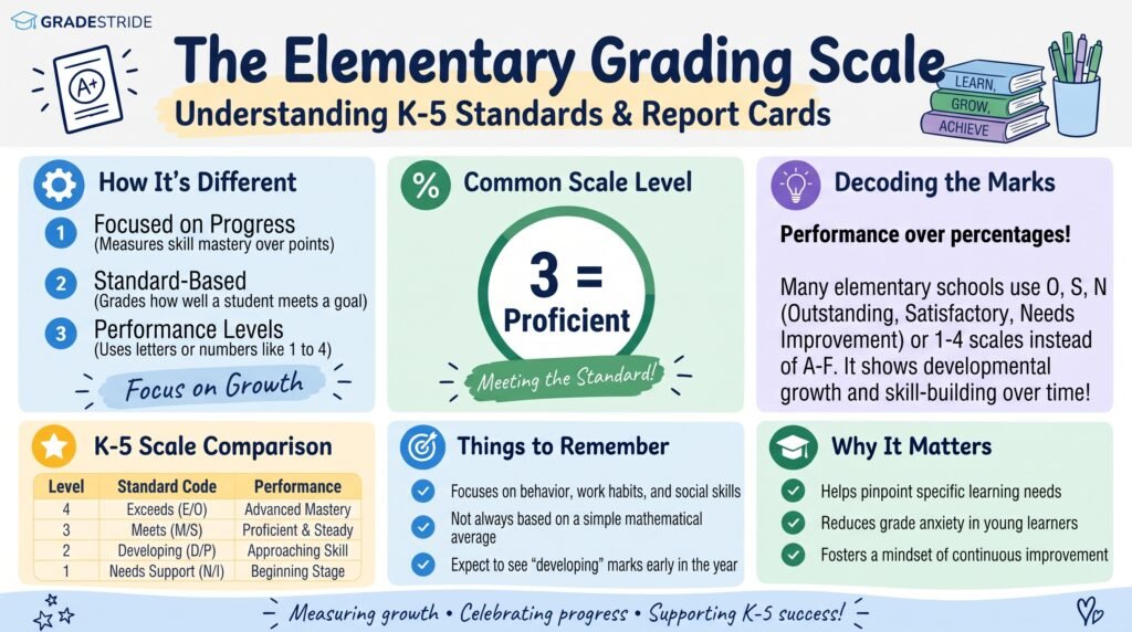 Elementary grading scale chart showing letter grades, percentages, and student performance levels.