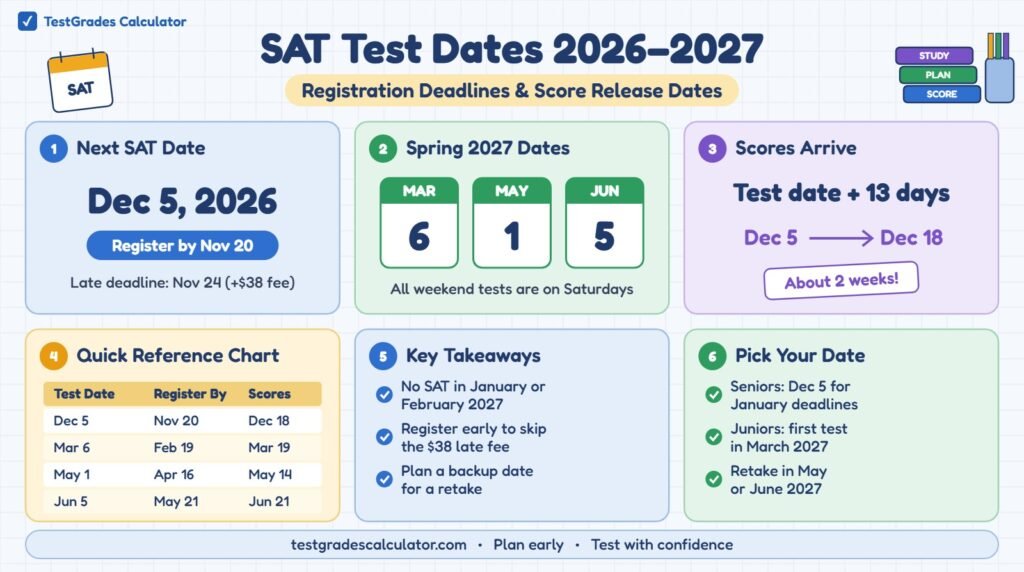 SAT Test Dates 2026–2027: registration deadlines and score release dates, next test December 5, 2026